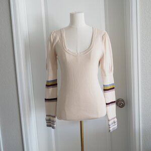 Free People Cream Long Puffed Striped Sleeve Ribbed Knit Sweater Sz Medium Boho